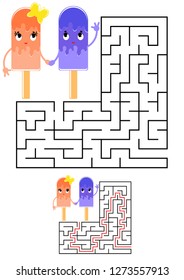 Abstract square maze. Kids worksheets. Game puzzle for children. Cute ice cream on a white background. One entrances, one exit. Labyrinth conundrum. Vector illustration. With the answer.