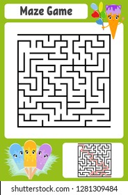 Abstract square maze. Kids worksheets. Game puzzle for children. Cute ice cream. One entrances, one exit. Labyrinth conundrum. Vector illustration. With answer.