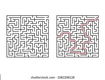 Abstract square maze. Simple flat vector illustration isolated on white background. With the answer