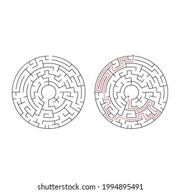 Abstract square maze. Simple flat vector illustration isolated on white background. With the answer 