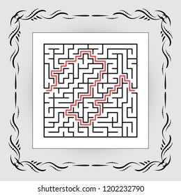 Abstract square maze in vintage frame. Game for kids. Puzzle for children. One entrances, one exit. Labyrinth conundrum. Flat vector illustration isolated on white background. With answer.
