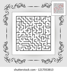 Abstract square maze in vintage frame. Game for kids. Puzzle for children. One entrances, one exit. Labyrinth conundrum. Flat vector illustration isolated on white background. With answer.