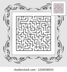 Abstract square maze in vintage frame. Game for kids. Puzzle for children. One entrances, one exit. Labyrinth conundrum. Flat vector illustration isolated on white background. With answer.