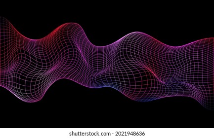 Abstract square mesh wave 3D geometric colors on black background vector illustration.