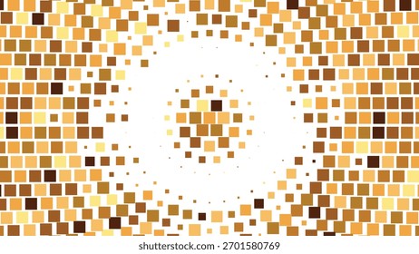 Padrão de círculo de meio-tom quadrado abstrato, fundo geométrico gradiente dourado, design vetorial moderno digital, textura pixelada retrô brilhante com simetria e luz