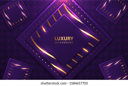 Abstract square overlapping layers background a combination with golden texture line decoration. Blue purple luxury premium concept vector design template for element modern cover, banner, card