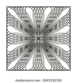 Padrão quadrado abstrato. Linhas geométricas complexas. Vetor gráfico simétrico. Ornamento branco preto.
