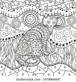 Abstract square pattern with ornate cat. Hand drawn patterns on isolation background. Design for spiritual relaxation for adults. Black and white illustration