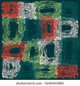 Abstract square pattern in rough grunge texture with vibrant red, green, and white strokes