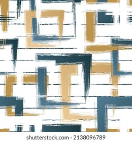 Abstract square seamless pattern. Repeating gold grunge backdrop. Random squares. Background golden printed. Geometric texture. Repeated graphic print. Patern for design prints. Vector illustration