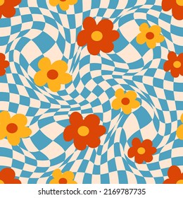 Abstract square seamless pattern with vintage groovy daisy flowers. Retro floral vector background surface design, textile, fabric, wrapping, covers. 70s hippie aesthetic, vintage floral background