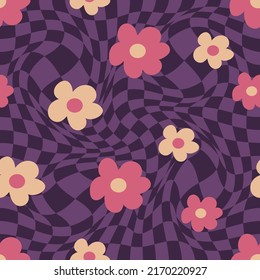 Abstract square seamless pattern with vintage groovy daisy flowers. Retro floral vector background surface design, textile, fabric, wrapping, covers. 70s hippie aesthetic, vintage floral background