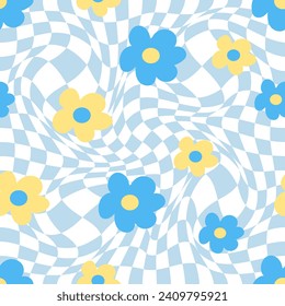 Abstract square seamless pattern with vintage groovy daisy flowers. Retro floral vector background surface design, textile, fabric, wrapping, covers. 70s hippie aesthetic, vintage floral background