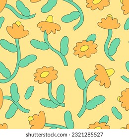 Abstract square seamless patterns with vintage groovy pop art daisy flowers. Retro floral vector background surface design, textile, stationery, wrapping paper print, covers. 60s, 70s, 80s style