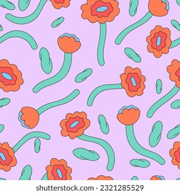 Abstract square seamless patterns with vintage groovy pop art daisy flowers. Retro floral vector background surface design, textile, stationery, wrapping paper print, covers. 60s, 70s, 80s style