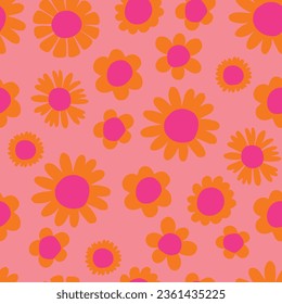 Abstract square seamless patterns with vintage daisy flowers. Pink pattern. Retro floral vector background surface design, textile, stationery, wrapping paper, covers. 60s, 70s, 80s style. Vector