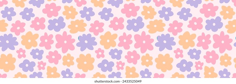 Abstract square seamless patterns with vintage groovy daisy flowers. Retro floral vector background surface design, textile, stationery, wrapping paper, covers. 60s, 70s, 80s style