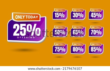 Abstract square shape purple 3d sale tags with different discount sets. 15, 30, 45, 50, 65, 70, 75, 80, and 85 percent. Vector illustration of a badge sticker label. Isolated on a yellow background