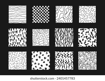 Abstract square shape texture backgrounds. Line doodle, spots, wave, drops, curve patterns