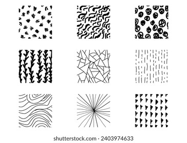 Abstract square shape texture backgrounds. Line doodle, spots, wave, drops, curve patterns