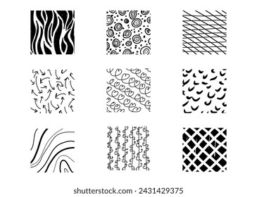 Abstract square shape texture backgrounds. Line doodle, spots, wave, drops, curve patterns