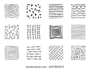 Abstract square shape texture backgrounds. Line doodle, spots, wave, drops, curve patterns