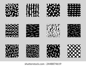 Abstract square shape texture backgrounds. Line doodle, spots, wave, drops, curve patterns