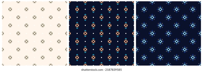 Abstract square shapes geometric motif basic pattern continuous ornate backgrounds set. Modern fabric design textile swatch ladies dress, men's shirt all over block print. Contrasting colours palette.