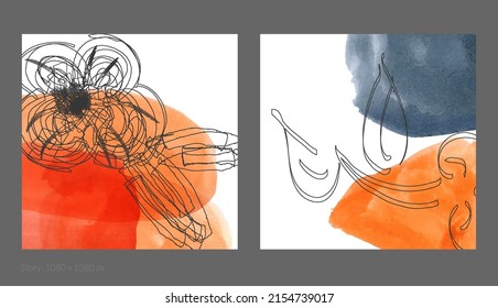 Abstract square social media template. Contemporary simple composition. Rough scribble uneven hand drawn floral fruit shapes made with black ink on transparent overlapping watercolor paint spots.