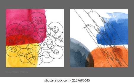 Abstract square social media template. Contemporary simple composition. Rough scribble uneven hand drawn floral fruit shapes made with black ink on transparent overlapping watercolor paint spots.