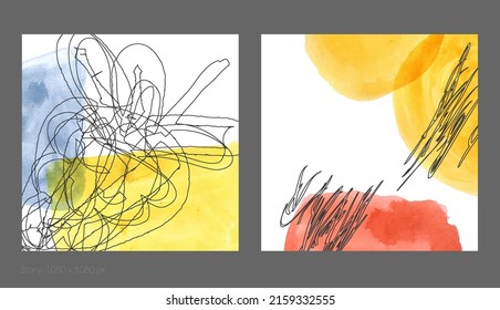 Abstract square social media template. Contemporary simple composition. Rough scribble uneven hand drawn floral fruit shapes made with black ink on transparent overlapping watercolor paint spots.
