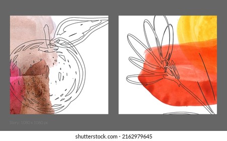 Resumen de plantilla cuadrada de medios sociales. Composición simple contemporánea. Ros garabatos de formas de fruta florales dibujadas a mano y hechas con tinta negra en manchas transparentes de pintura acuarela superpuestas.