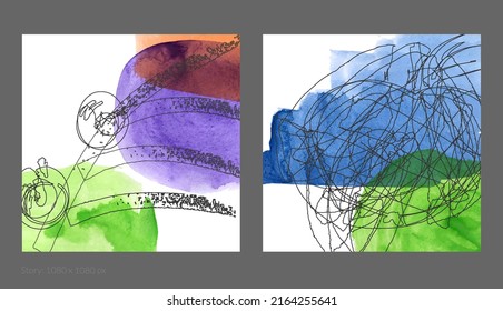 Abstract square social media template. Contemporary simple composition. Rough scribble uneven hand drawn floral fruit shapes made with black ink on transparent overlapping watercolor paint spots.