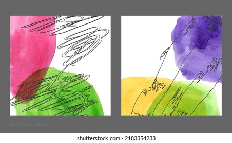 Abstrakte quadratische Vorlage für soziale Medien. Zeitgenössische einfache Komposition. Rough scribble ungerade, handgezeichnet florale Fruchtformen mit schwarzer Tinte auf transparenten, sich überschneidenden Aquarellfarben-Flecken.