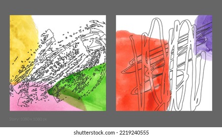 Abstract square social media template. Contemporary simple composition. Rough scribble uneven hand drawn floral fruit shapes made with black ink on transparent overlapping watercolor paint spots.