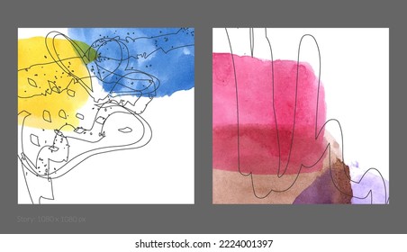 Abstract square social media template. Contemporary simple composition. Rough scribble uneven hand drawn floral fruit shapes made with black ink on transparent overlapping watercolor paint spots.