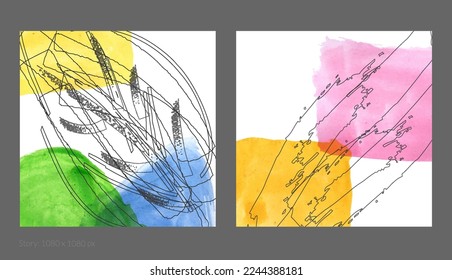 Abstract square social media template. Contemporary simple composition. Rough scribble uneven hand drawn floral fruit shapes made with black ink on transparent overlapping watercolor paint spots.