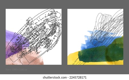 Abstract square social media template. Contemporary simple composition. Rough scribble uneven hand drawn floral fruit shapes made with black ink on transparent overlapping watercolor paint spots.