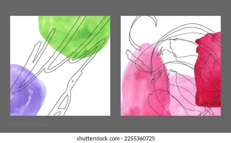 Abstract square social media template. Contemporary simple composition. Rough scribble uneven hand drawn floral fruit shapes made with black ink on transparent overlapping watercolor paint spots.