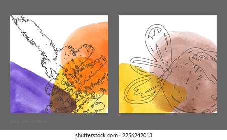 Abstract square social media template. Contemporary simple composition. Rough scribble uneven hand drawn floral fruit shapes made with black ink on transparent overlapping watercolor paint spots.