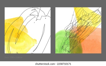 Abstract square social media template. Contemporary simple composition. Rough scribble uneven hand drawn floral fruit shapes made with black ink on transparent overlapping watercolor paint spots.