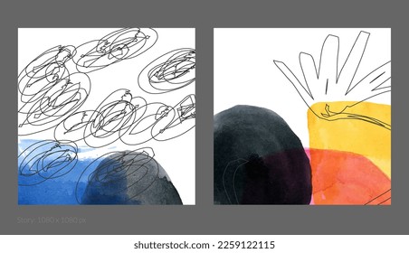 Abstract square social media template. Contemporary simple composition. Rough scribble uneven hand drawn floral fruit shapes made with black ink on transparent overlapping watercolor paint spots.