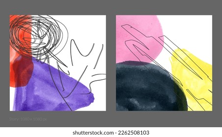Abstract square social media template. Contemporary simple composition. Rough scribble uneven hand drawn floral fruit shapes made with black ink on transparent overlapping watercolor paint spots.