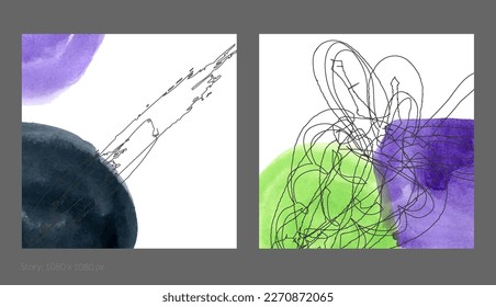 Abstract square social media template. Contemporary simple composition. Rough scribble uneven hand drawn floral fruit shapes made with black ink on transparent overlapping watercolor paint spots.
