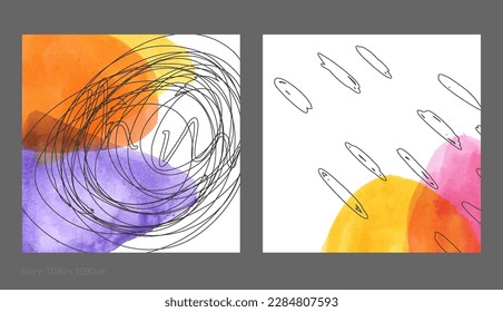 Abstract square social media template. Contemporary simple composition. Rough scribble uneven hand drawn floral fruit shapes made with black ink on transparent overlapping watercolor paint spots.