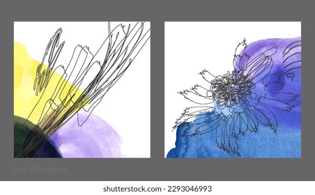 Resumen de plantilla cuadrada de medios sociales. Composición simple contemporánea. Ros garabatos de formas de fruta florales dibujadas a mano y hechas con tinta negra en manchas transparentes de pintura acuarela superpuestas.