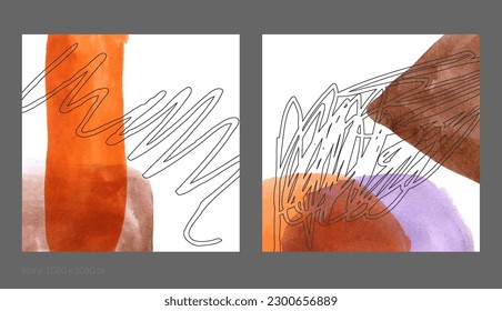 Resumen de plantilla cuadrada de medios sociales. Composición simple contemporánea. Ros garabatos de formas de fruta florales dibujadas a mano y hechas con tinta negra en manchas transparentes de pintura acuarela superpuestas.