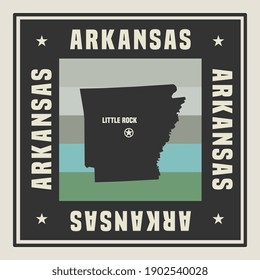 Abstract square stamp or sign with silhouette and name of US state Arkansas, vector illustration