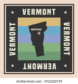 Abstract square stamp or sign with silhouette and name of US state Vermont, vector illustration