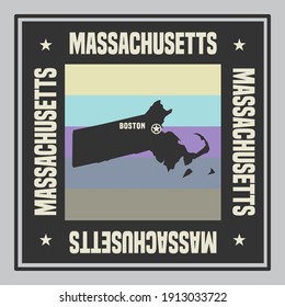 Abstract square stamp or sign with silhouette and name of US state Massachusetts, vector illustration